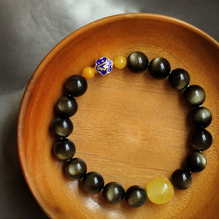 Armband mit Buddha Stonesn, 925er-Sterlingsilber, chinesisches Sternzeichen, Natal-Buddha, natürlicher Goldglanz, Obsidian-Bernstein, Reichtumsschutz-Armband