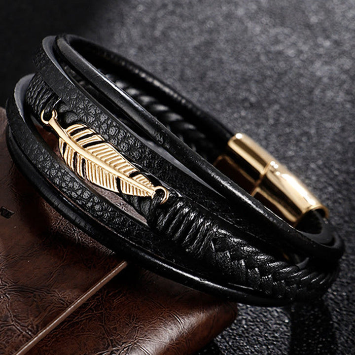 Armband mit Buddha Stonesn, Federmuster, mehrschichtiges Leder, Titanstahl, ruhiges, geflochtenes Armband mit magnetischer Schnalle