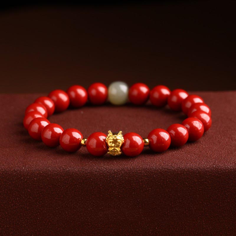 Buddha Stones 999 Gold Jahr des Drachen natürliches Zinnober-Jade-Kupfer-Münze-Fu-Charakter-Segen-Armband