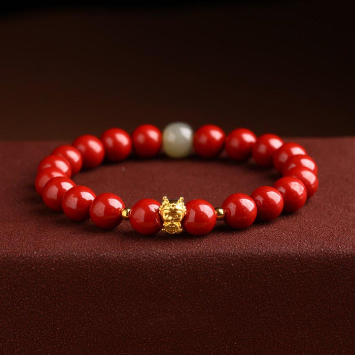 Buddha Stones 999 Gold Jahr des Drachen natürliches Zinnober-Jade-Kupfer-Münze-Fu-Charakter-Segen-Armband