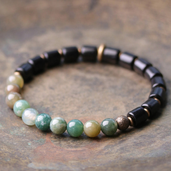 Armband mit Buddha Stonesn, Ebenholz, rotem Jaspis, Moos-Achat, Kristall, Kupfer, Friedenspaar