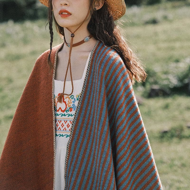 Buddha Stones Tibetischer Schal, gestreift, Rautenmuster, für den Winter, warm, weich