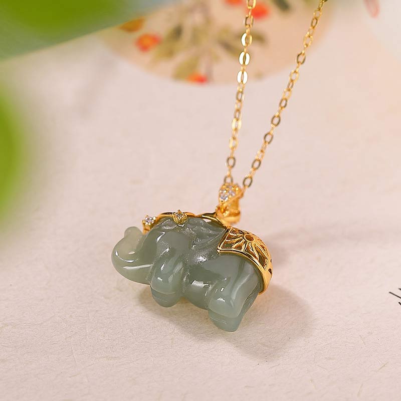 Buddha Stones 925 Sterling Silber Jade Elefant Segen Glück Halskette Kettenanhänger
