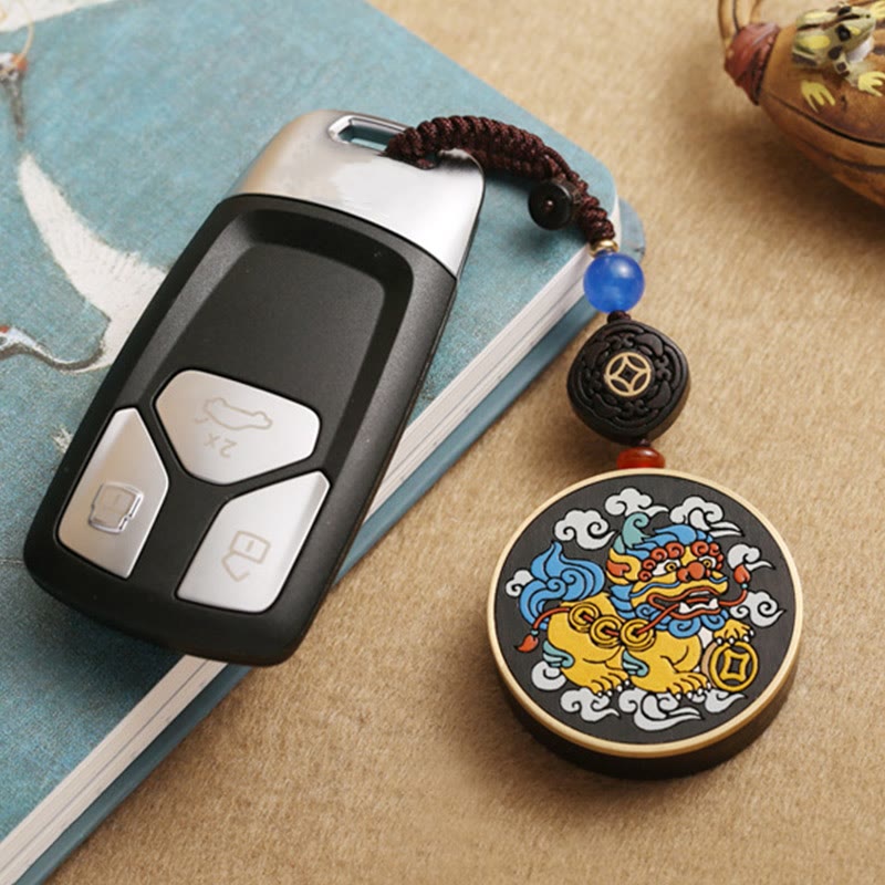 Buddha Stones, PiXiu-Kupfermünze, Ebenholz, Glück, ziehen Reichtum an, Schlüsselanhänger-Dekoration