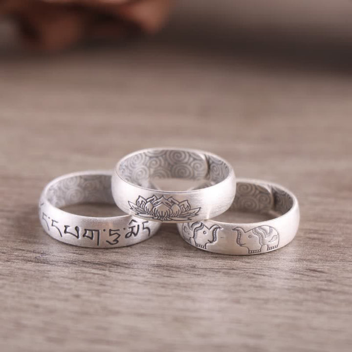 Buddha Stones 999 Sterling Silber Lotus-Elefant-Segen-Ring mit sechs wahren Worten