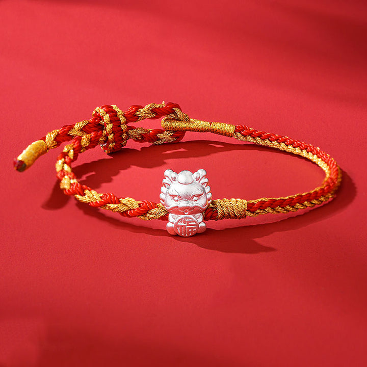 Buddha Stones aus 999er-Sterlingsilber, Jahr des Drachen-Fu-Charakters, ziehen Glück und Glück an, handgefertigtes geflochtenes Armband