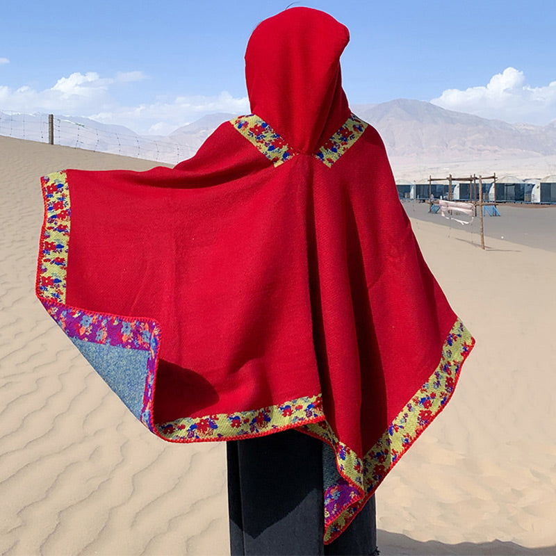 Buddha Stones Tibetischer Schal mit Rand, kleiner Blumen-Kapuzenumhang, gemütlicher Winter-Reiseschal