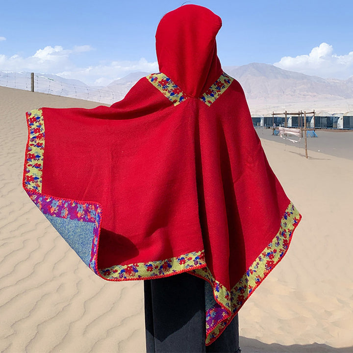 Buddha Stones Tibetischer Schal mit Rand, kleiner Blumen-Kapuzenumhang, gemütlicher Winter-Reiseschal