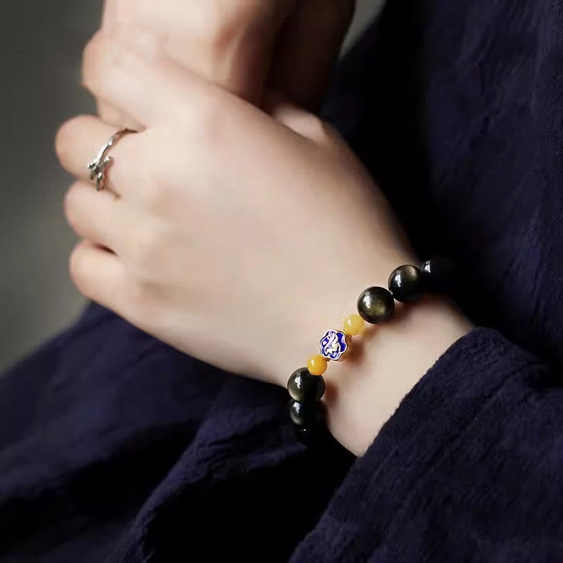 Armband mit Buddha Stonesn, 925er-Sterlingsilber, chinesisches Sternzeichen, Natal-Buddha, natürlicher Goldglanz, Obsidian-Bernstein, Reichtumsschutz-Armband