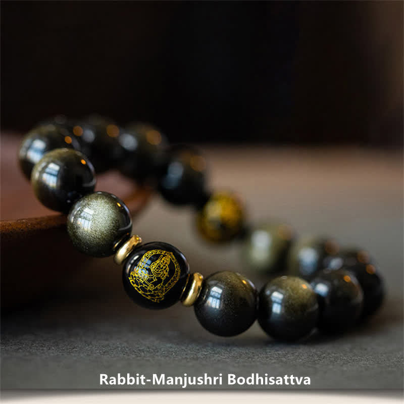 Chinesisches Tierkreis-Natal-Buddha-Goldglanz-Obsidian-Armband zum Schutz des Reichtums