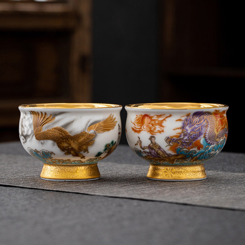 Buddha Stones, goldener Adler, verheißungsvoller Drache, Sonne, Ozean, Wellen, vergoldete Keramik-Teetasse, Kung-Fu-Teetasse