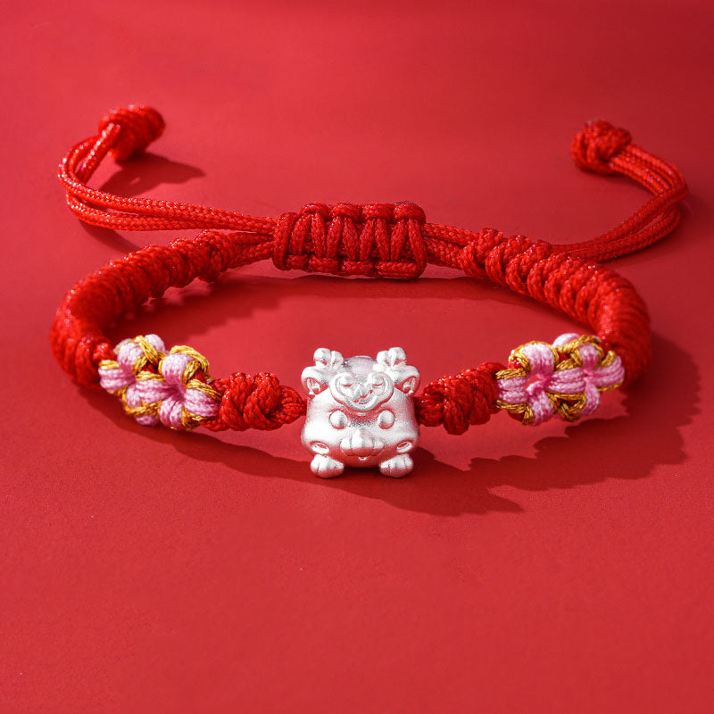 Buddha Stones aus 999er-Sterlingsilber, Jahr des Drachen-Fu-Charakters, ziehen Glück und Glück an, handgefertigtes geflochtenes Armband