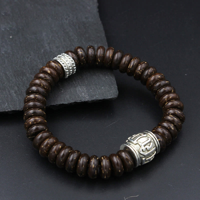 Buddha Stones Natürliches tibetisches Om Mani Padme Hum Positive Armband aus Kokosnussschale