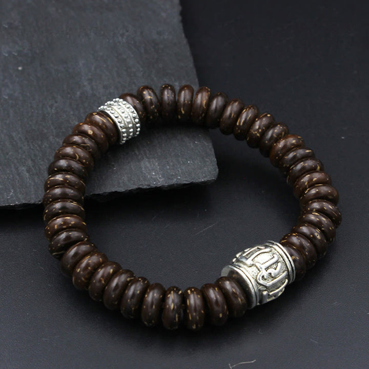 Buddha Stones Natürliches tibetisches Om Mani Padme Hum Positive Armband aus Kokosnussschale