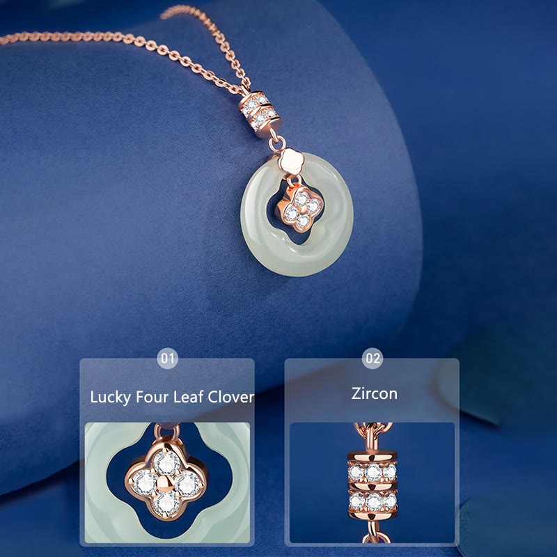 Buddha Stones 925 Sterling Silber natürliche Hetian Jade Glück vierblättriges Kleeblatt Zirkon Halskette Anhänger mit Geschenkbox