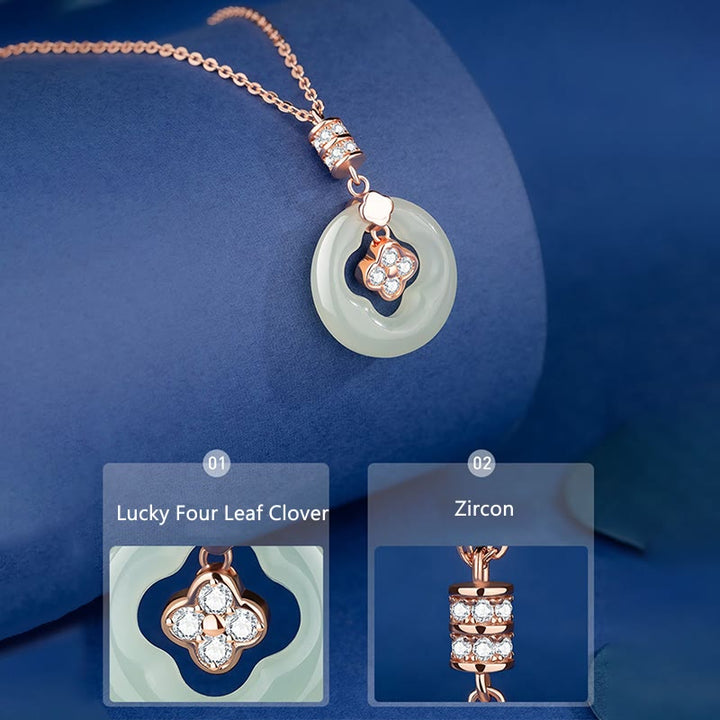 Buddha Stones 925 Sterling Silber natürliche Hetian Jade Glück vierblättriges Kleeblatt Zirkon Halskette Anhänger mit Geschenkbox