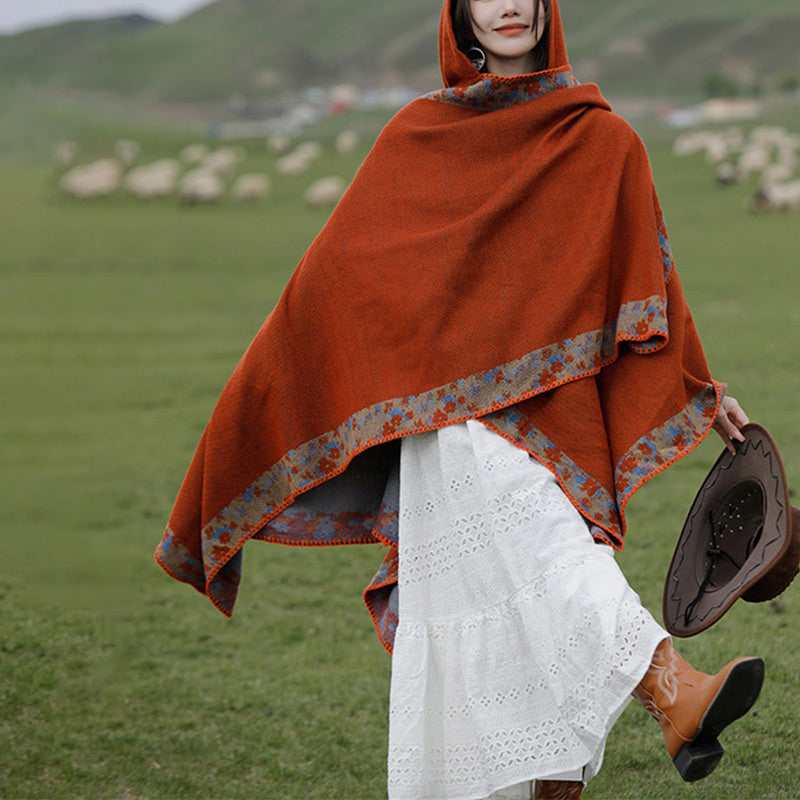 Buddha Stones Tibetischer Schal mit Rand, kleiner Blumen-Kapuzenumhang, gemütlicher Winter-Reiseschal