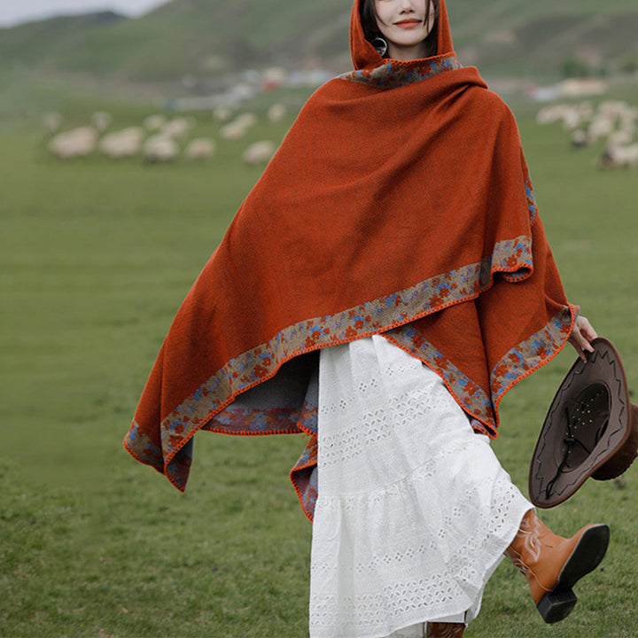 Buddha Stones Tibetischer Schal mit Rand, kleiner Blumen-Kapuzenumhang, gemütlicher Winter-Reiseschal