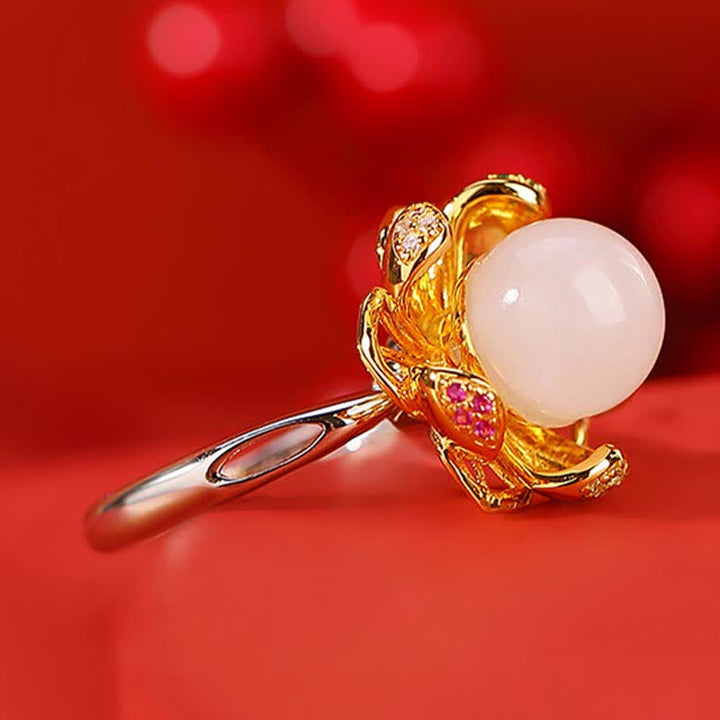 Erfolgsring aus 925er-Sterlingsilber, Weiß Jade, Cyan-Jade, Lotusblume