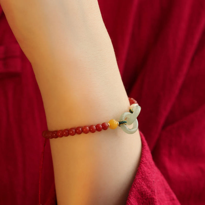 Buddha Stones Natürliches rotes Achat-Hetian-Jade-Armband mit doppelter Friedensschnalle