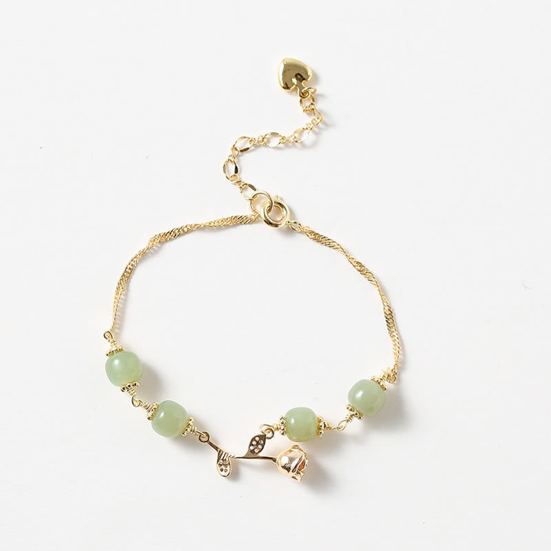 Buddha Stones 14K vergoldetes Hetian Jade goldenes Rosenblüten-Glückskettenarmband