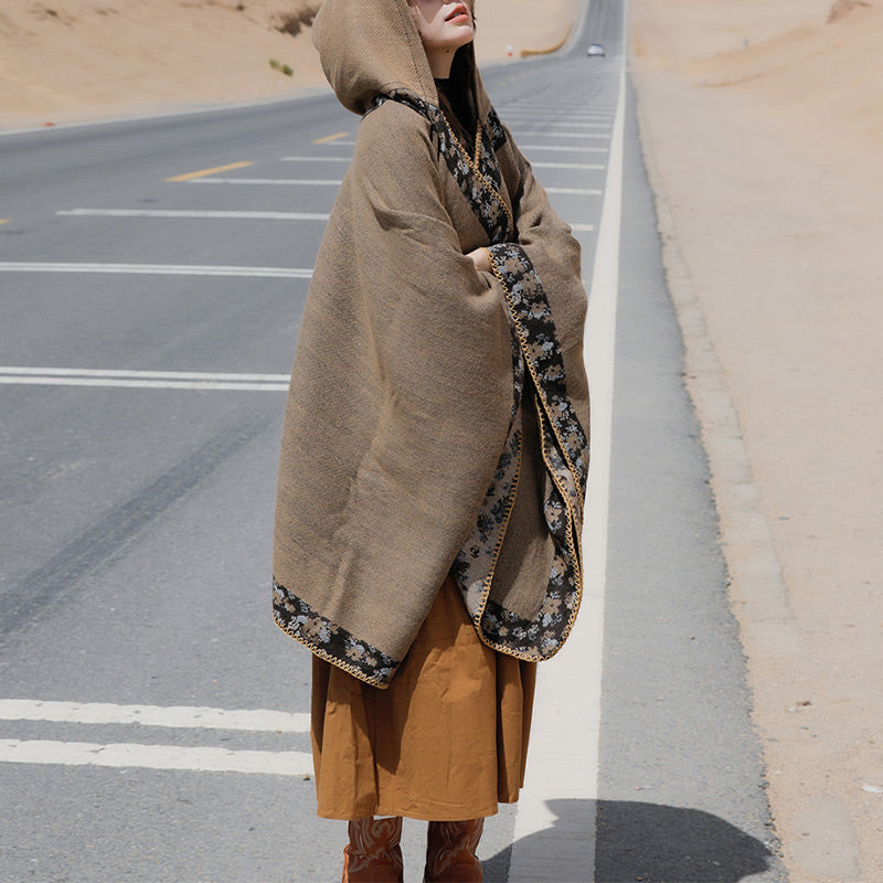 Buddha Stones Tibetischer Schal mit Rand, kleiner Blumen-Kapuzenumhang, gemütlicher Winter-Reiseschal