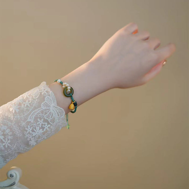 Buddha Stones Natürliche Hetian Jade Friedensschnalle Perle Glück Handgefertigtes geflochtenes Armband