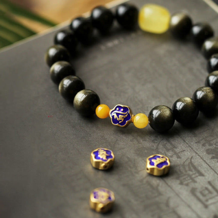 Armband mit Buddha Stonesn, 925er-Sterlingsilber, chinesisches Sternzeichen, Natal-Buddha, natürlicher Goldglanz, Obsidian-Bernstein, Reichtumsschutz-Armband