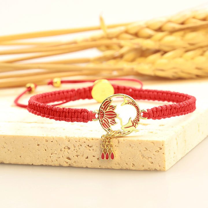 Buddha Stones Tibetisches handgefertigtes Lotus-Koi-Fisch-Glücksarmband mit roter Schnur