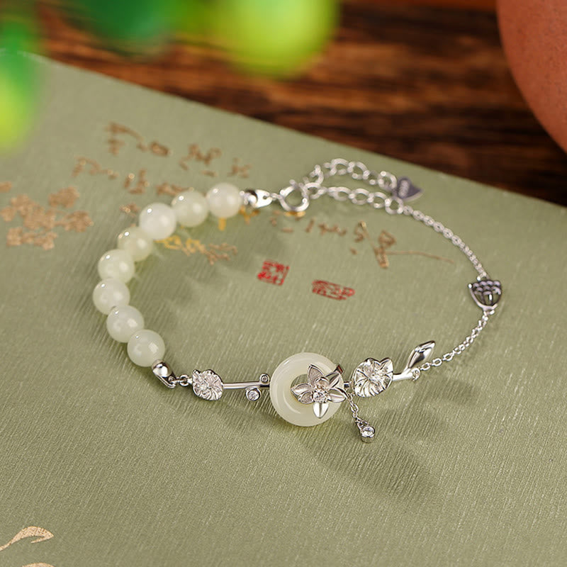 Buddha Stones 925 Sterling Silber Hetian Jade Friedensschnalle Lotus Glückskettenarmband