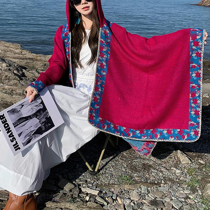 Buddha Stones Tibetischer Schal mit Rand, kleiner Blumen-Kapuzenumhang, gemütlicher Winter-Reiseschal