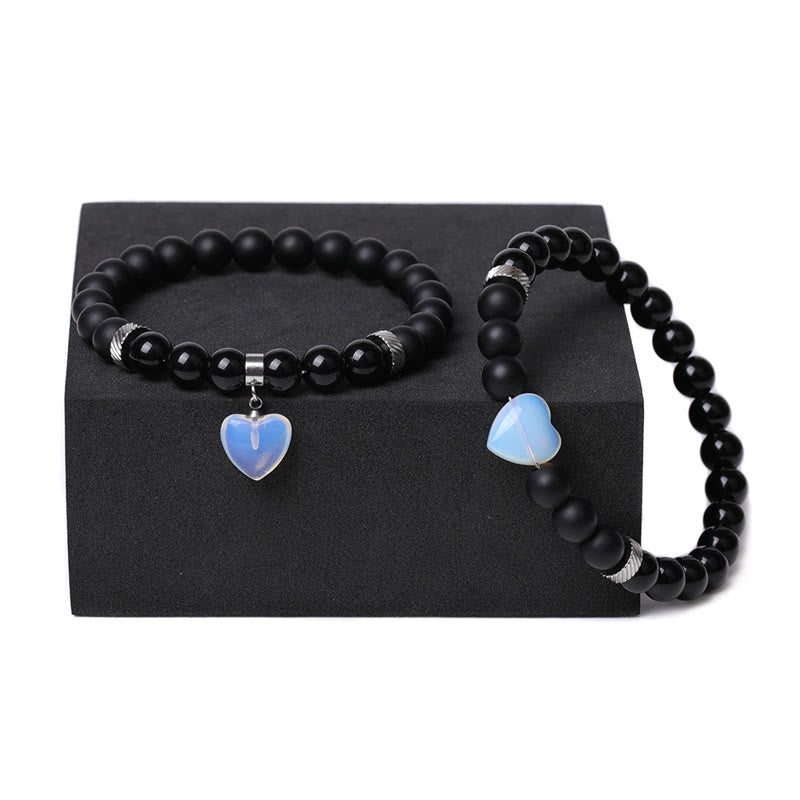 Buddha Stones 2-teiliges schwarzes Onyx-Kristall-Stein-Liebes-Herz-Schutz-Unterstützungs-Paar-Armband