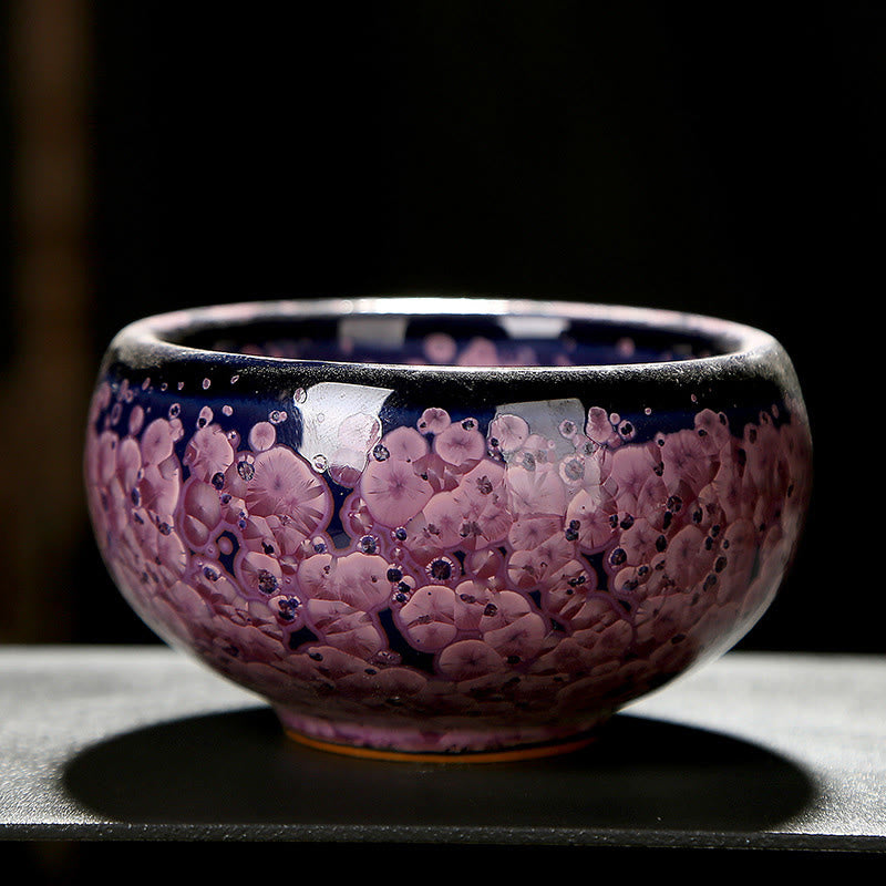 Buddha Stones, bunte Iris-Blumen, chinesischer Jianzhan-Ofenwechsel, Porzellan-Teetasse, Tenmoku-Kung-Fu-Teetasse