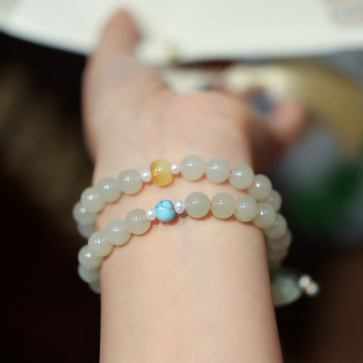 Buddha Stones 925 Sterling Silber Hetian Jade Doppelte Friedensschnalle Lotus Glück Doppeltes Wickelarmband