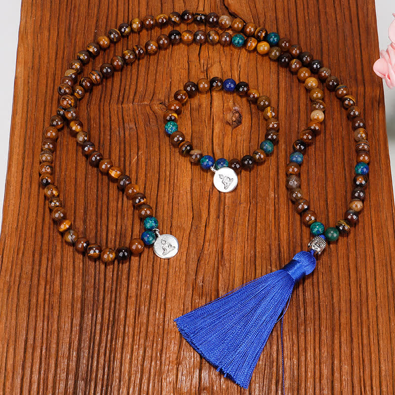 Buddha Stones, 108 Mala-Perlen, Tigerauge, Buddha-Stärke, Armband, Quaste, Halsketten-Anhänger