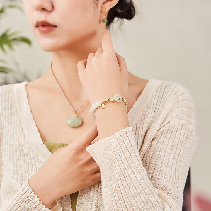Buddha Stones Natürliche Hetian Jade Perle Doppelte Friedensschnalle Fu Charakter Fülle Geflochtenes Armband