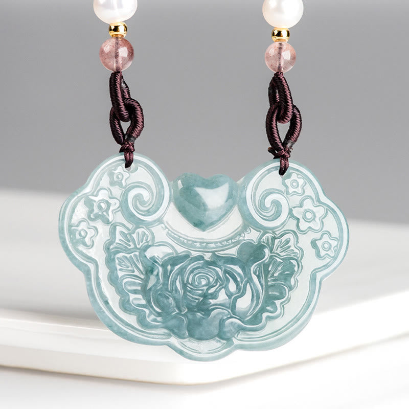 Buddha Stones Halskette mit Anhänger aus natürlicher Jade, Pfingstrose, Blumenschloss der guten Wünsche, Wohlstand