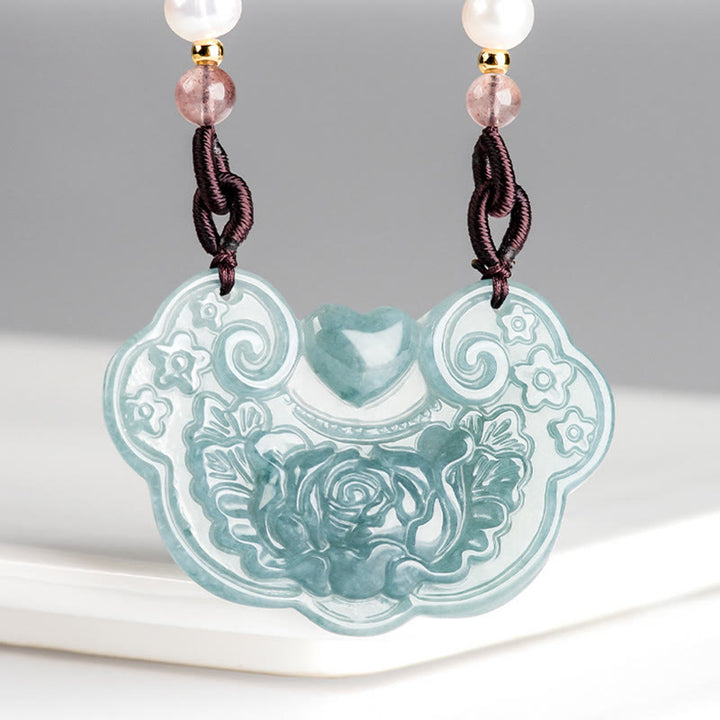 Buddha Stones Halskette mit Anhänger aus natürlicher Jade, Pfingstrose, Blumenschloss der guten Wünsche, Wohlstand