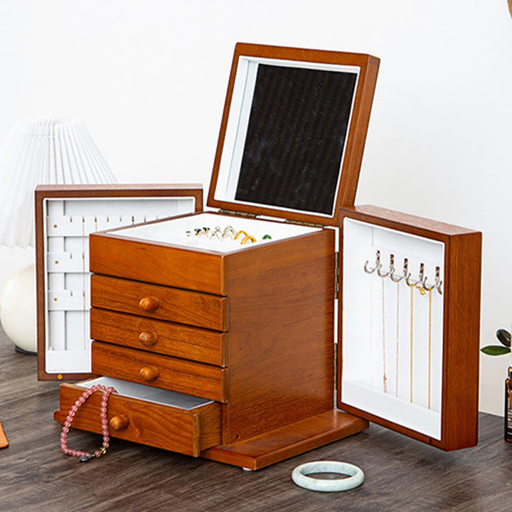 Buddha Stones Vintage Schmuckschatulle aus Holz mit großem Fassungsvermögen, Schmuckaufbewahrungsbox mit Spiegel