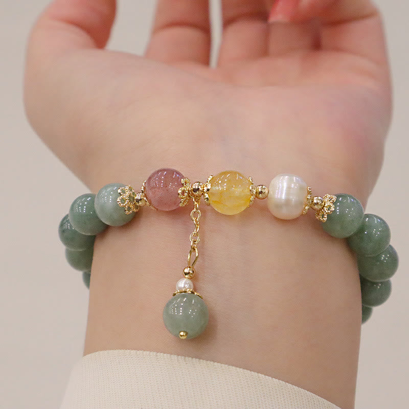 Buddha Stones Jade Perle Erdbeerquarz Fülle Glücksperlen Charm-Armband
