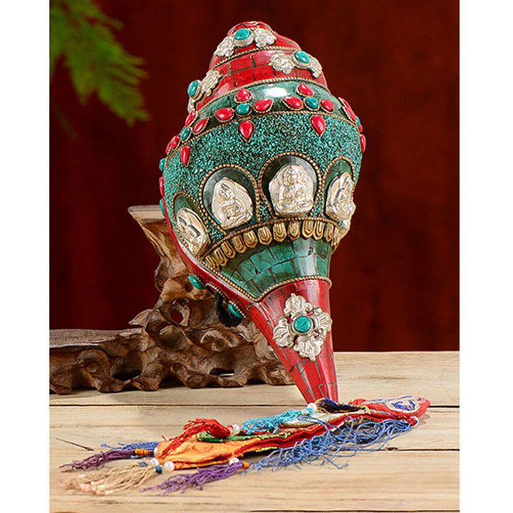 Tibetische handgemachte Shankha Om Mani Padme Hum Buddha Avalokitesvara Türkis Muschel Muschel positive Dekoration