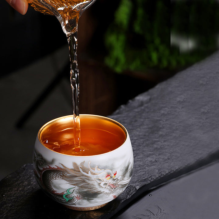 Buddha Stones, Drache, vergoldeter Kürbis, Keramik, Weiß Porzellan, Teetasse, Kung-Fu-Teetasse, 160 ml