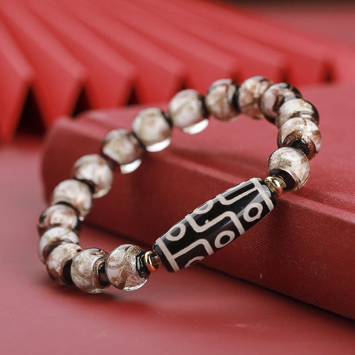 Buddha Stones Tibetische neunäugige Dzi-Perle, dreiäugige Dzi-Perle, Liuli-Glasperlen-Reichtumsarmband