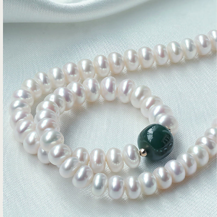 Buddha Stones 925 Sterling Silber natürliche Perle Hetian Jade Aquamarin Weisheit Aufrichtigkeit Halskette Anhänger Armband