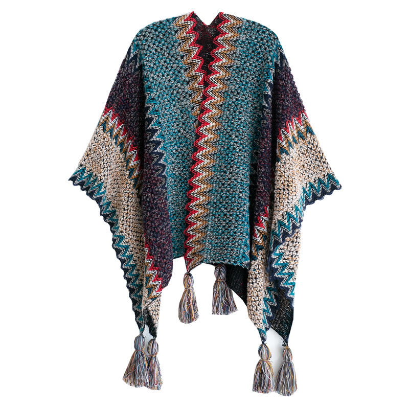 Buddha Stones Tibetischer Schal Blau Beige Rot Wellenmuster Winter Warmer Quastenschal