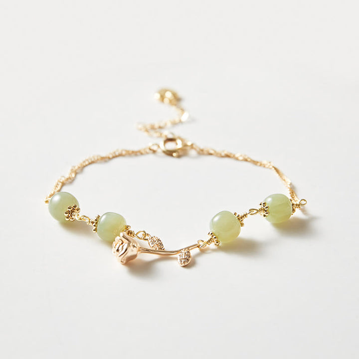Buddha Stones 14K vergoldetes Hetian Jade goldenes Rosenblüten-Glückskettenarmband