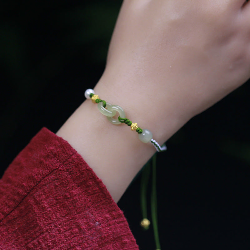 Buddha Stones 925 Sterling Silber Hetian Jade Doppelte Friedensschnalle Glück geflochtenes Armband