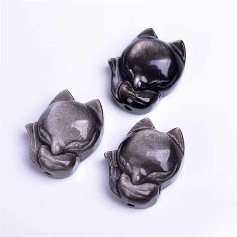 Buddha Stones Schutzarmband mit Obsidian und Fuchs, natürlicher Silberglanz