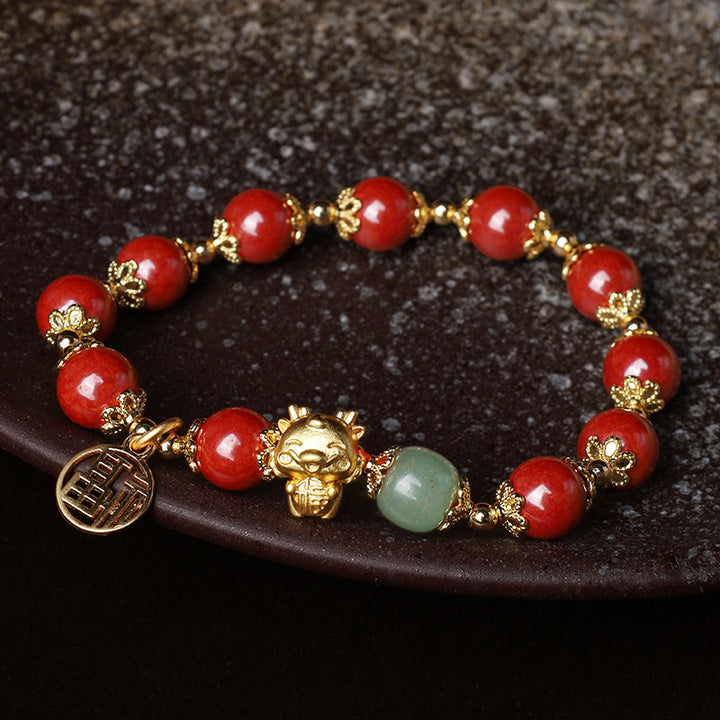 Buddha Stones, Jahr des Drachen, natürliches Zinnober-Fu-Charm-Charm-Segen-Armband