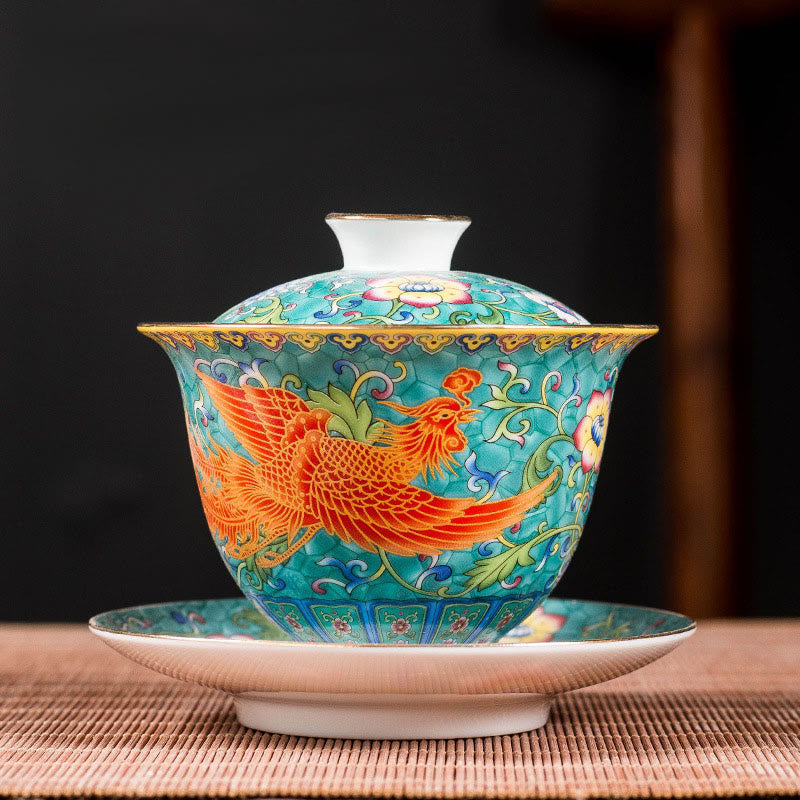 Buddha Stones Dragon Phoenix Flower Design Keramik Gaiwan Sancai Teetasse Kung Fu Teetasse und Untertasse mit Deckel
